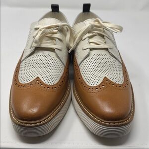 Cole Haan Women's Brown and Cream Lace-Up Wedge Heel.